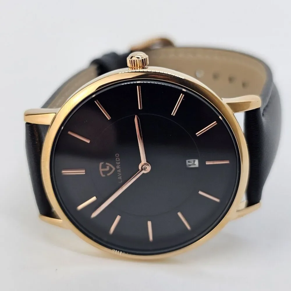 Men's Watch 40MM Black Dial Gold Case Black‎ Leather Band Straps Date Indicator